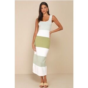 Lulus Sage Green Striped Ribbed Knit Sleeveless Midi Sweater Dress Medium NWT